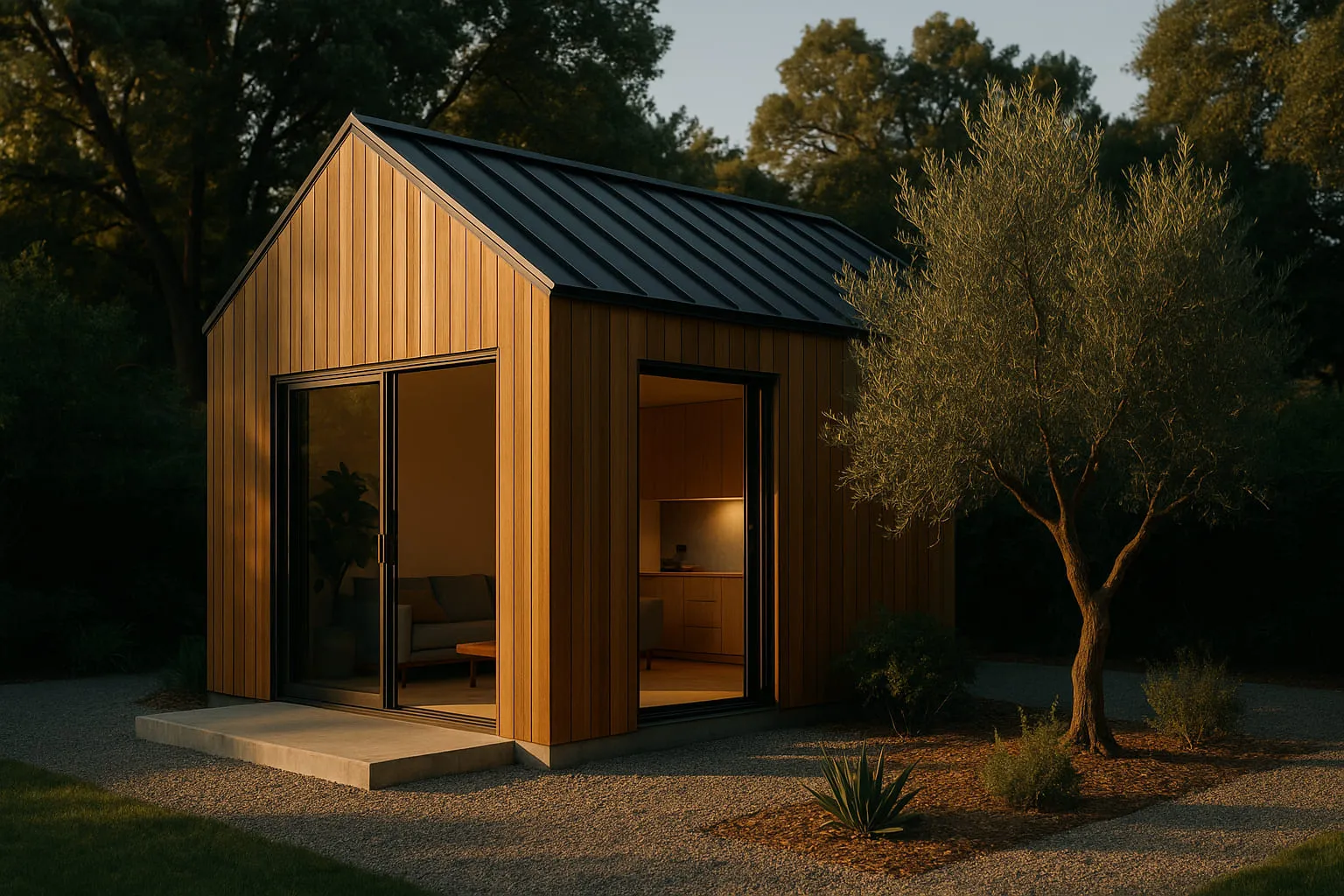 A completed detached ADU opening onto a landscaped garden, built by ArcLine Builders