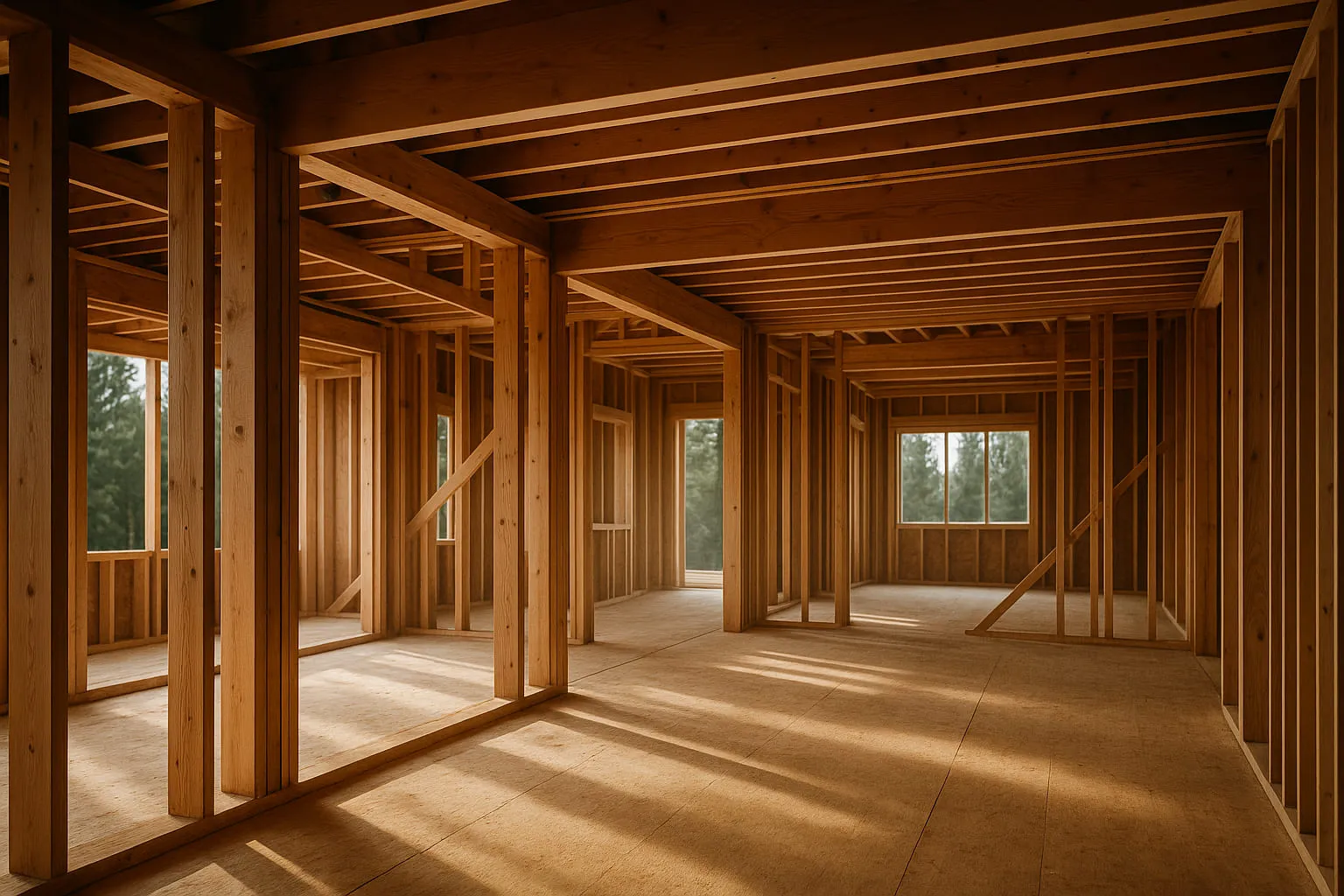 Timber framing on an ArcLine Builders project under construction in Los Angeles